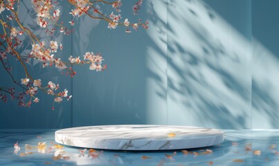 white marble podium with cherry blossom branch on blue background