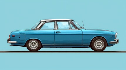  a blue car on a blue background with a white stripe down the side of the car and a white stripe down the side of the car and a light blue background.