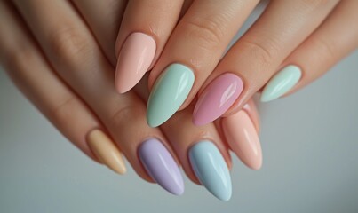 Female hands with pink and beige manicure and nail polish.