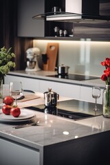 A simple and elegant kitchen counter with a beautiful vase of flowers. Perfect for adding a touch of freshness and color to any kitchen.