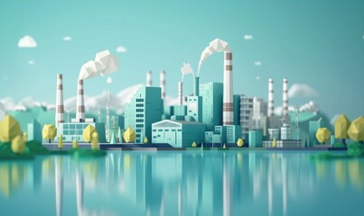 Industrial landscape with factories and green plants. - obrazy, fototapety, plakaty