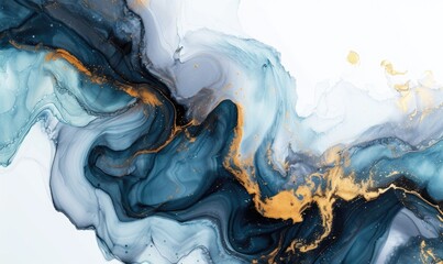 Blue and gold ink in water on white background. Ink in water. - obrazy, fototapety, plakaty
