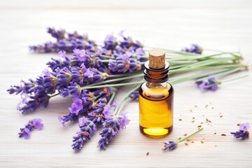 Obraz na płótnie Canvas lavender flowers next to dropper bottle of essential oil