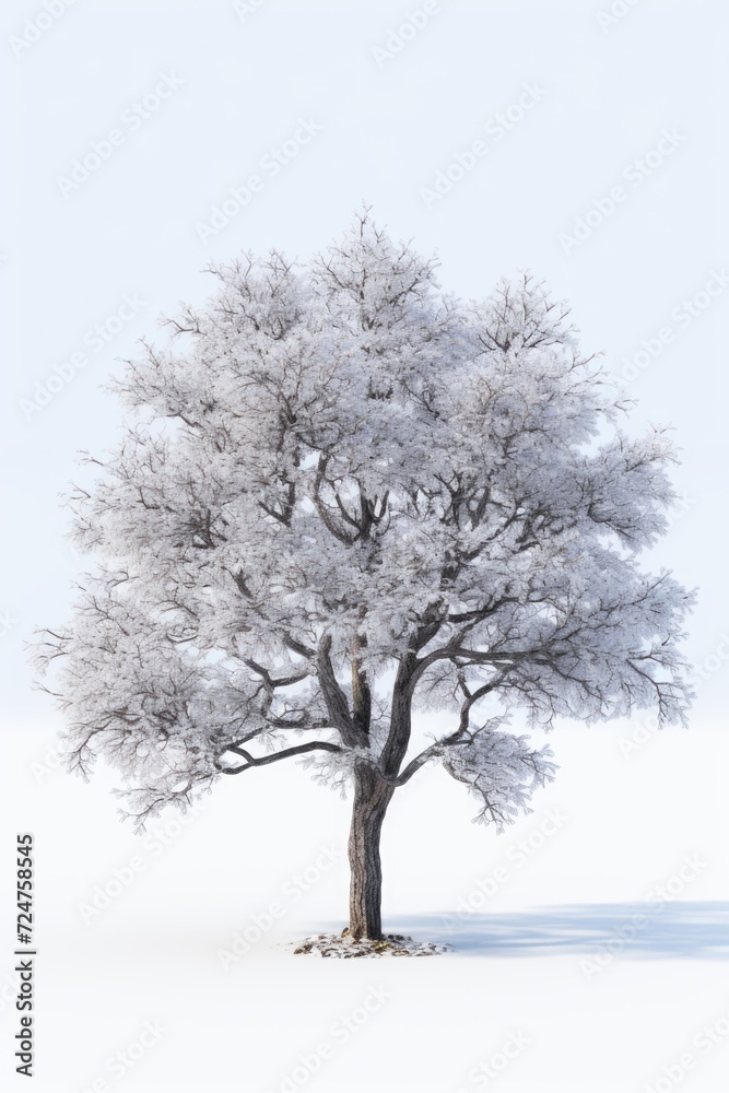 Poster A solitary tree stands covered in snow on a beautiful sunny day. Perfect for winter landscapes and nature-themed projects