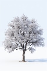 A solitary tree stands covered in snow on a beautiful sunny day. Perfect for winter landscapes and nature-themed projects