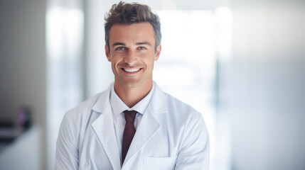 Fototapeta premium Smiling doctor man on blur hospital abstract background. Generative ai.