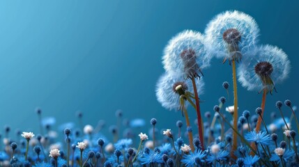  a close up of a bunch of dandelions in a field of blue flowers with a blue sky in the background and a few white dandelions in the foreground.