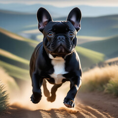 Flying French Bulldog in the park with a beaming face. Purebred dog while running. Close up portrait of a dog. Generative AI