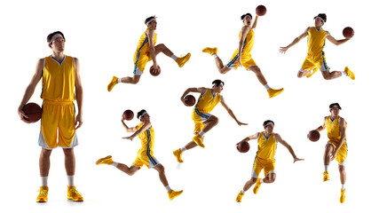 Basketball player and his skills. Athlete man in sport uniform training in motion against white studio background. Collage. Concept of sport, action, movement, energy, active lifestyle. Ad
