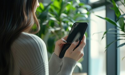 Woman using mobile phone in office. Close up of female hands holding smartphone.