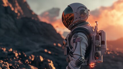 An adventurous human character wearing an advanced space exploration suit, exploring uncharted planets