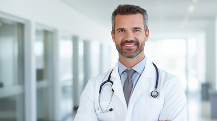 Smiling doctor man on blur hospital abstract background. Generative ai.