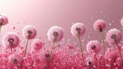  a bunch of pink dandelions blowing in the wind on a pink background with a pink sky in the background and water droplets on the dandelions in the foreground.