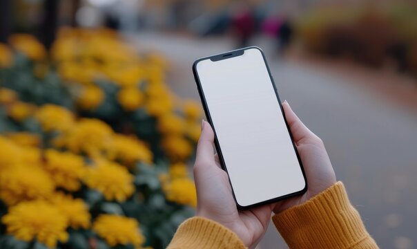 Female hands holding a smartphone with a white screen on the background of yellow flowers - Powered by Adobe