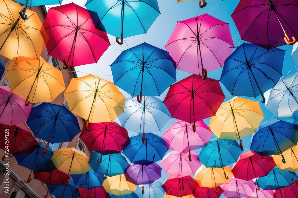Poster colorful umbrellas hanging from the ceiling. perfect for adding a vibrant touch to any indoor space