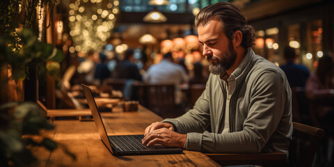 Fototapeta premium Mature man working on laptop in busy evening cafe