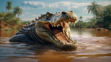 Zelfklevend Fotobehang A powerful crocodile lunges forward in the water jaws wide open. Generative AI © REC Stock Footage