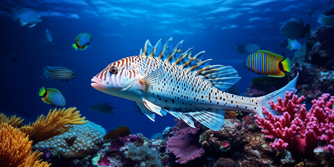 Fototapeta premium Tropical fish swimming in coral reef with blue ocean background