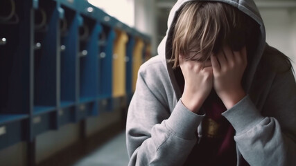 Schoolboy sitting in school corridor and crying after bullying. Generative AI