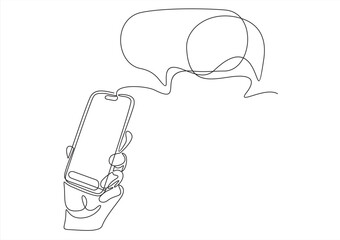 hand holding his phone icon, hand texting to someone on a message app, typing with a speech bubble.continuous line drawing
