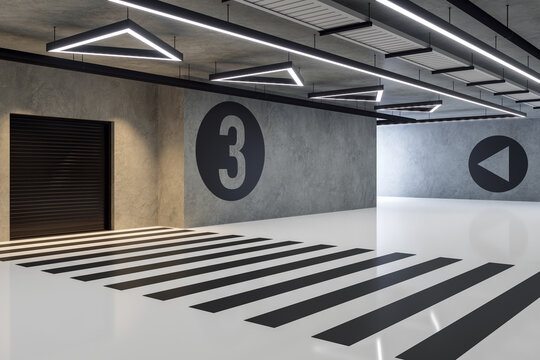 Modern industrial loft style indoor parking with concrete wall 3d render, There are white glossy floor decorated with black graphic element and neon light