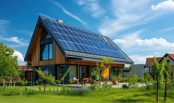 Modern house with solar panels installed on the roof. Modern house with solar panels installed on the roof.