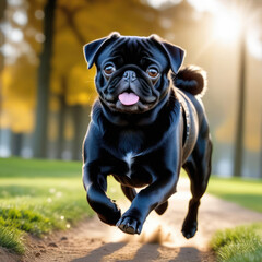 Black pug dog running in the grass with tongue sticking out. Generative AI