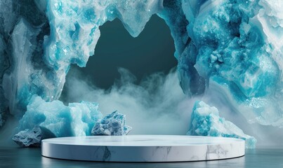 abstract background with blue marble podium, empty showcase for product display. 