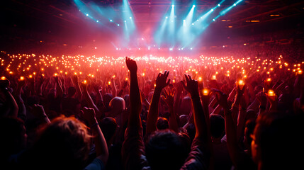 Fototapeta na wymiar Silhouette of cheering crowd at the music festival, hands raised. Generative AI.