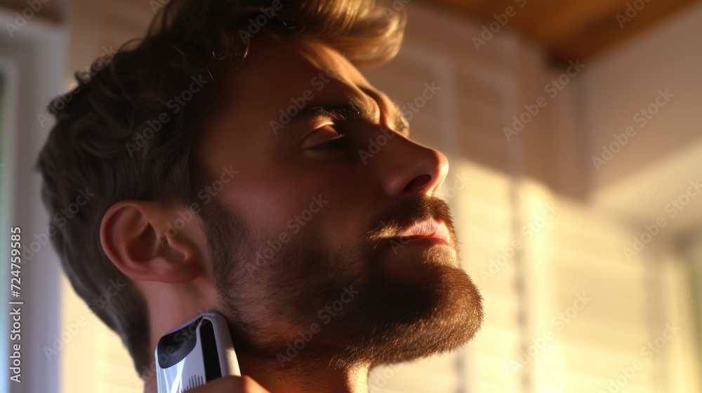 Poster A man with a beard using a cell phone. Perfect for technology and communication concepts