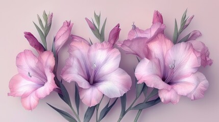  a group of pink flowers sitting next to each other on a light pink background with a green stem in the center of the picture and the flowers in the middle of the picture.