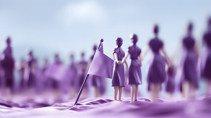 Tiny toy figure representation a woman waves a flag for feminist. Generative AI.