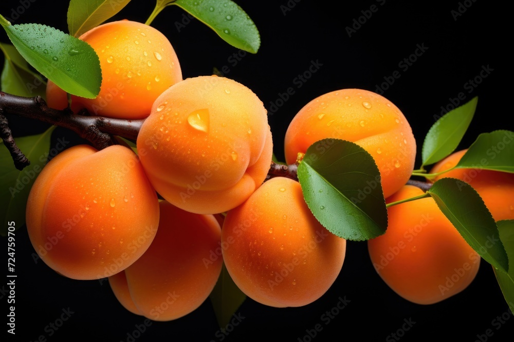 Poster a bunch of ripe apricots hanging from a branch. this image can be used to showcase fresh fruits or t