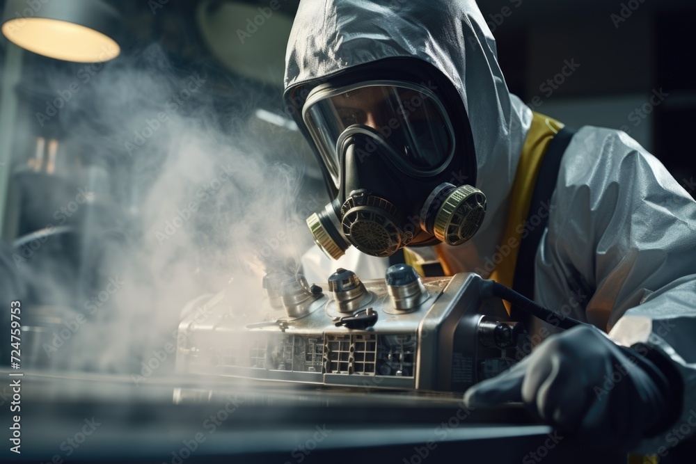 Poster a man wearing a gas mask is working on a machine. this image can be used to depict industrial work, 