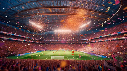Stadium celebration with colors of confetti at football field. Generative AI - obrazy, fototapety, plakaty