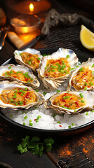 Quality fresh oysters with garlic sauce. Michelin-starred restaurant. Tilt Blur, Professional Illustration, Restaurant Background,