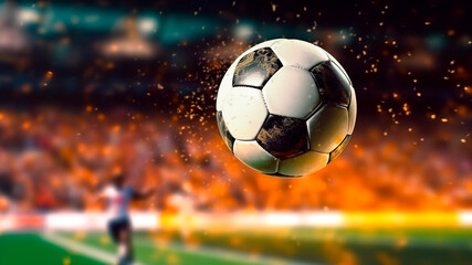 Naklejka premium The soccer ball traverses the expansive field of the stadium. Generative AI