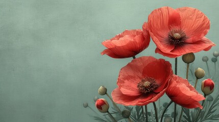  a painting of red poppies in a vase on a green background with leaves and buds on the stem and in the center of the picture is a green background is a light blue wall.