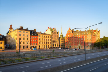 Cityscape of Stockholm. City streets. Classical architecture. Evening time, soft sunlight,...