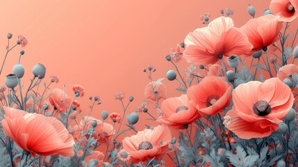  a bunch of flowers that are on a pink and blue background with a pink sky in the back ground and a pink sky in the middle of the back ground.