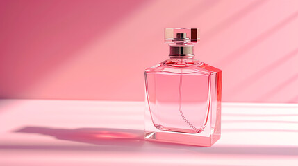 ピンク色の背景にシンプルな香水瓶