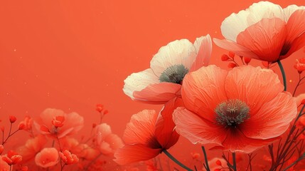  a close up of a bunch of flowers on a red background with a white and gray flower in the middle of the picture and a few red and white flowers in the middle of the picture.