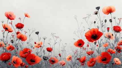  a field of red and white flowers on a gray and white background with a black and white photo of the flowers on the left side of the photo and the right side of the picture.