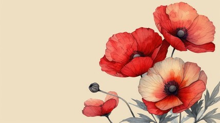  a painting of red and white flowers on a beige background with a place for a text on the left side of the image to the right side of the image.