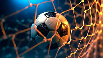 The soccer ball zooms into the rival net, triumphant goal. Generative AI - obrazy, fototapety, plakaty