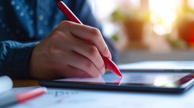 A student using a digital pen on a graphics tablet to solve math problems during an online class, distance learning, dynamic and dramatic compositions, with copy space