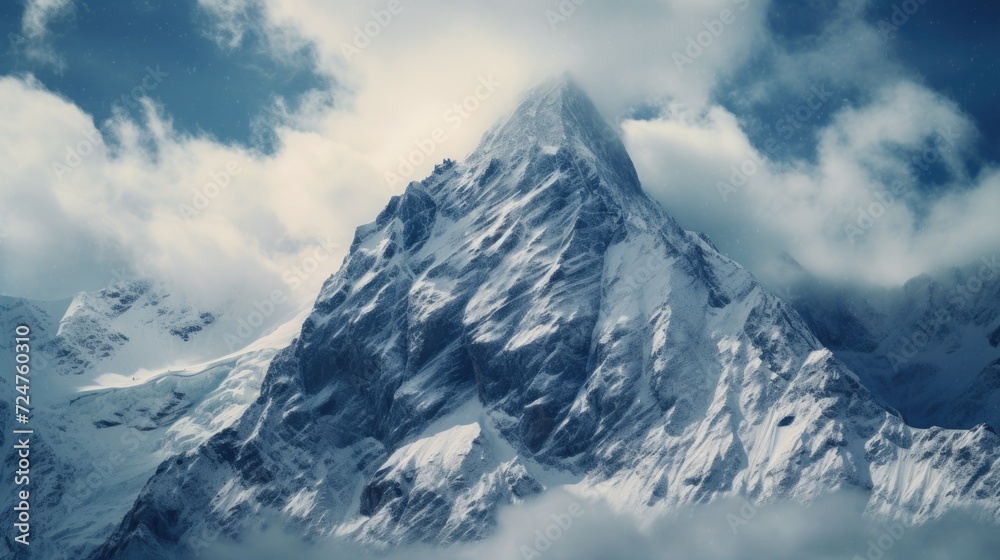 Poster a majestic mountain covered in a blanket of snow, surrounded by ethereal clouds. perfect for nature 