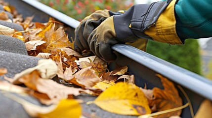 Getting ready for winter with a thorough roof gutter cleaning to remove autumn leaves and debris. - obrazy, fototapety, plakaty