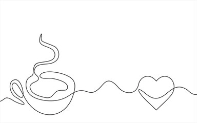 Hot coffee cup with heart shape aroma steam in continuous line art drawing style. Black linear design isolated on white background. Vector illustration