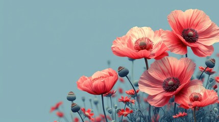  a bunch of pink poppy flowers that are in the grass with a blue sky in the backgrounnd 